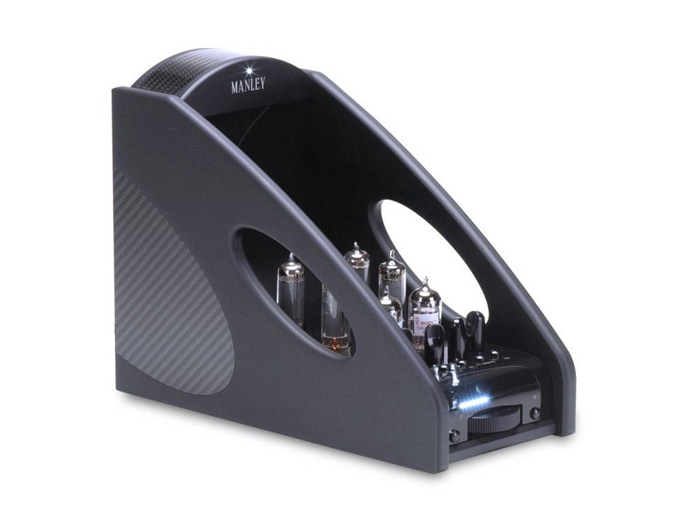 Black angled headphone amplifier with visible vacuum tubes and control knobs on front panel