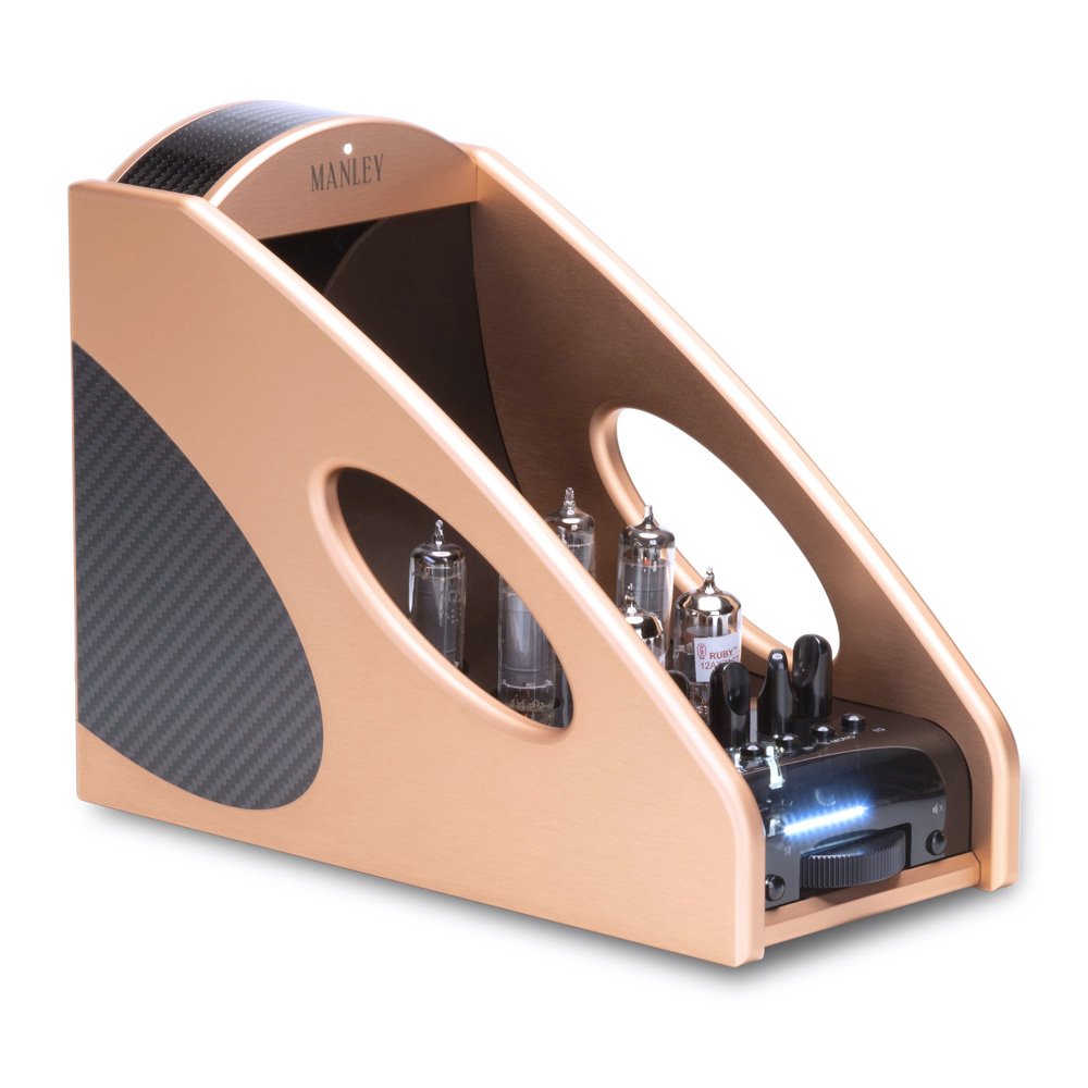 Copper-colored audio device with visible glass tubes and black knob controls in a sleek housing.