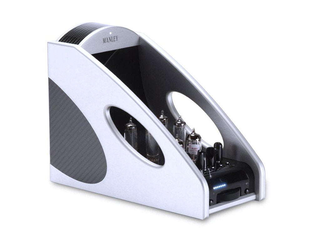 Silver and black headphone amplifier with glass tubes and control knobs, branded MANLEY
