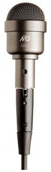 Silver and black microphone with mesh grille, switch, and cable connector.