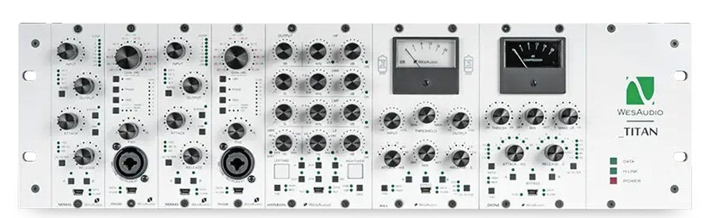 White multi-module audio processing rack unit with knobs, buttons, combo jack inputs, and VU meters.