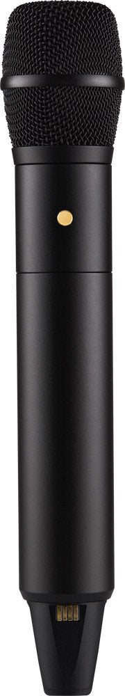 Black handheld microphone with a gold dot and pogo pin connector at the bottom.