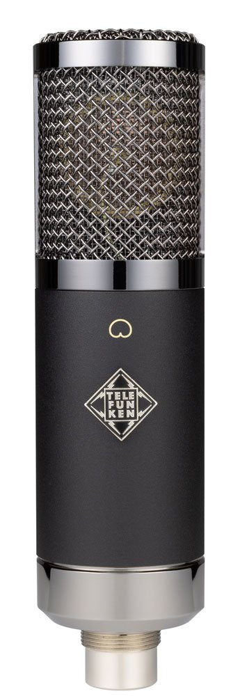 Black and silver TELEFUNKEN microphone with mesh grille and XLR connector shown upright.