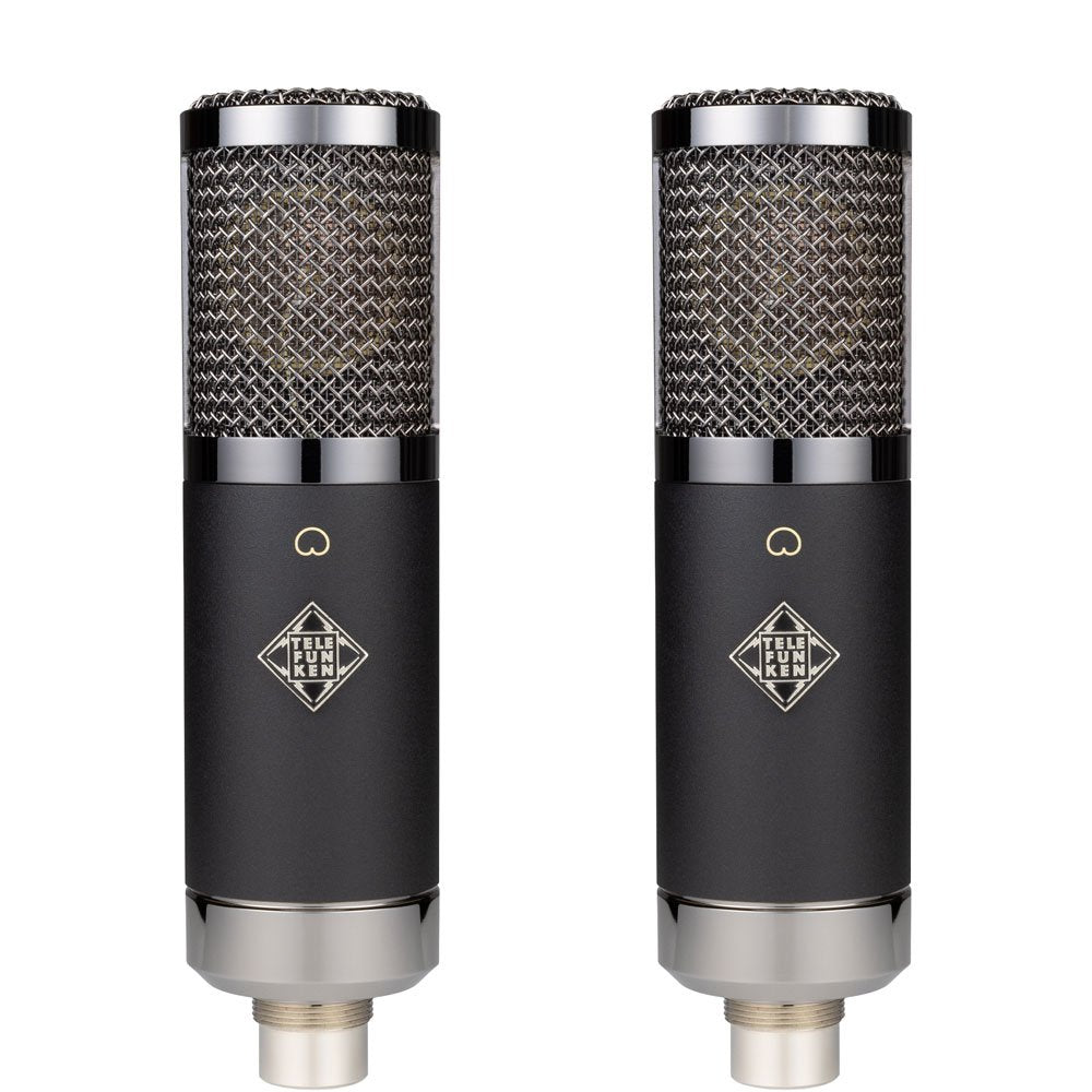 Pair of black cylindrical microphones with silver mesh grill and TELEFUNKEN logo on body.