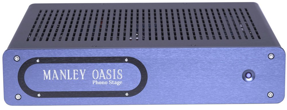 Blue and black metal audio device labeled MANLEY OASIS Phono Stage with a power button on the front panel.