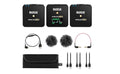 Three black RØDE Wireless GO II units with accessories including cables, furry windshields, and carrying pouch displayed on a white background.