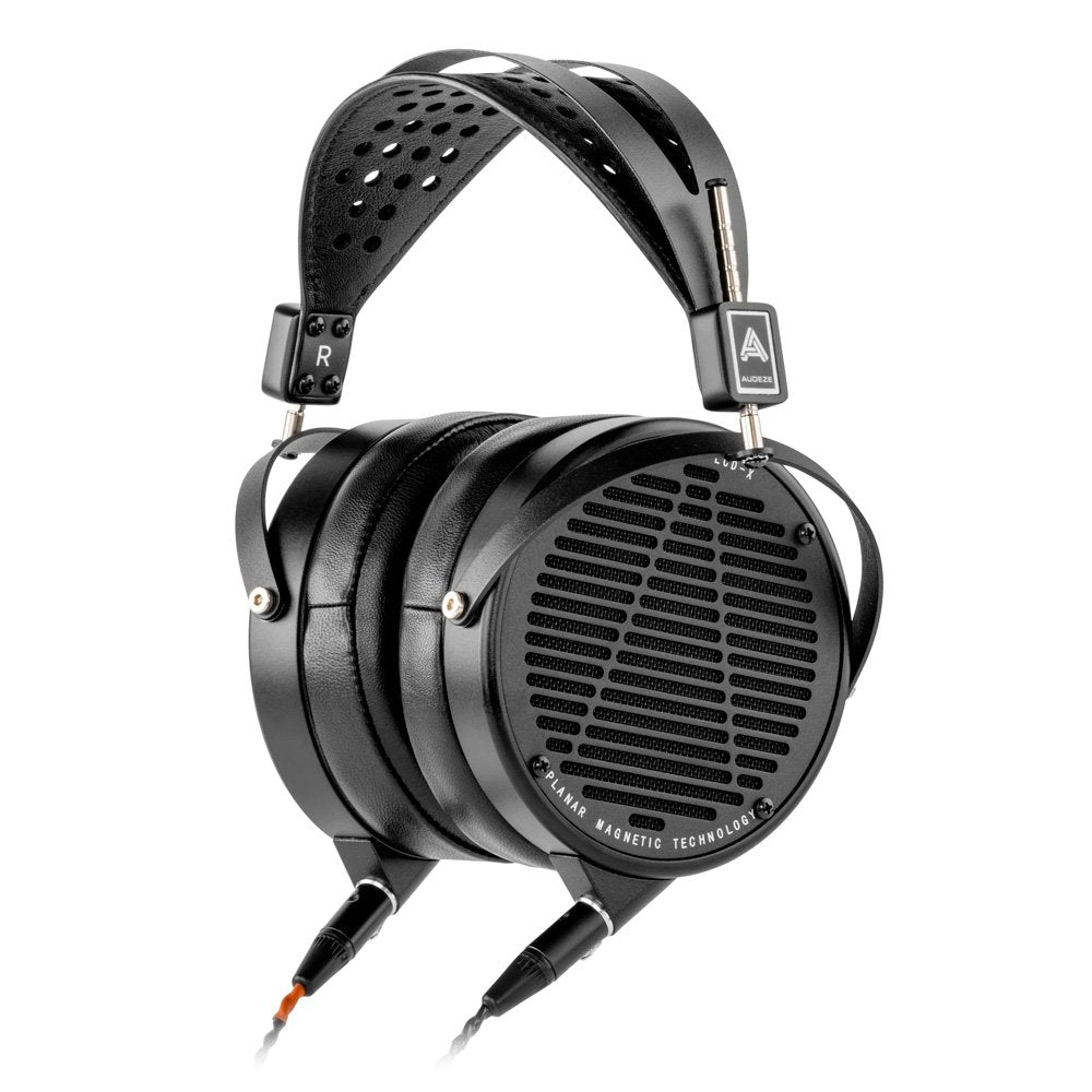 Black over-ear headphones with leather headband and wired cable connectors.