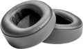 Pair of black leather ear pads with fabric inner lining for headphones.