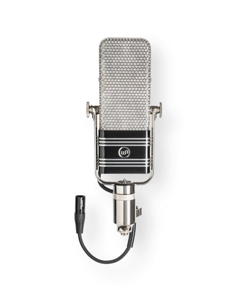 Front view of a silver and black vintage-style microphone with an attached XLR cable.