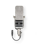Front view of a silver and black vintage-style microphone with an attached XLR cable.