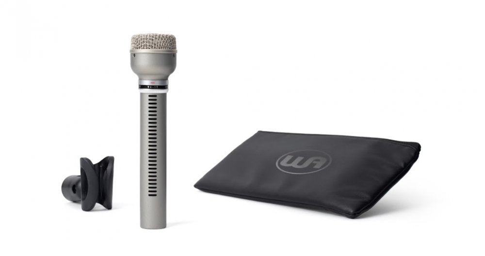 Gray shotgun microphone with black holder clip and soft black carrying pouch with logo on white background.