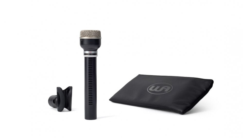 Black handheld microphone with silver mesh grille, clip, and black pouch with WA logo on white background.
