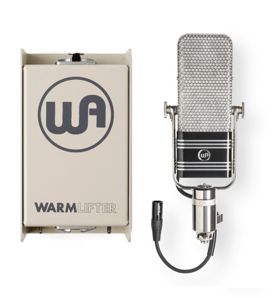Silver and black vintage-style microphone with attached XLR cable and a beige WARM LIFTER box.