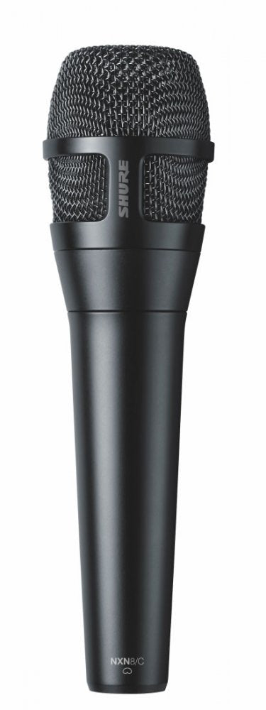 A black handheld Shure microphone with model number NXN8/C printed on the body.