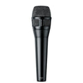 Black hand-held microphone with a metal mesh grille and SHURE branding.