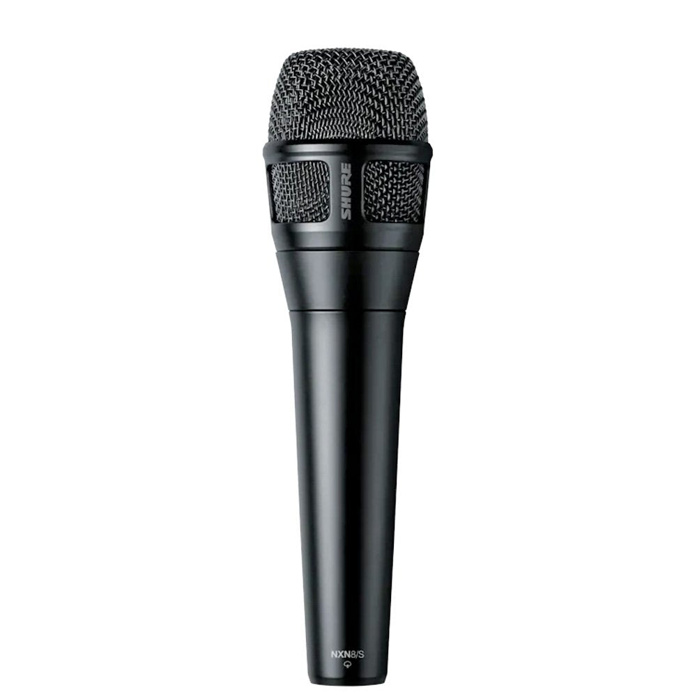 Black hand-held microphone with a metal mesh grille and SHURE branding.