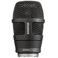 Close-up view of a black Shure microphone capsule with metal mesh grille and circular connector at bottom.