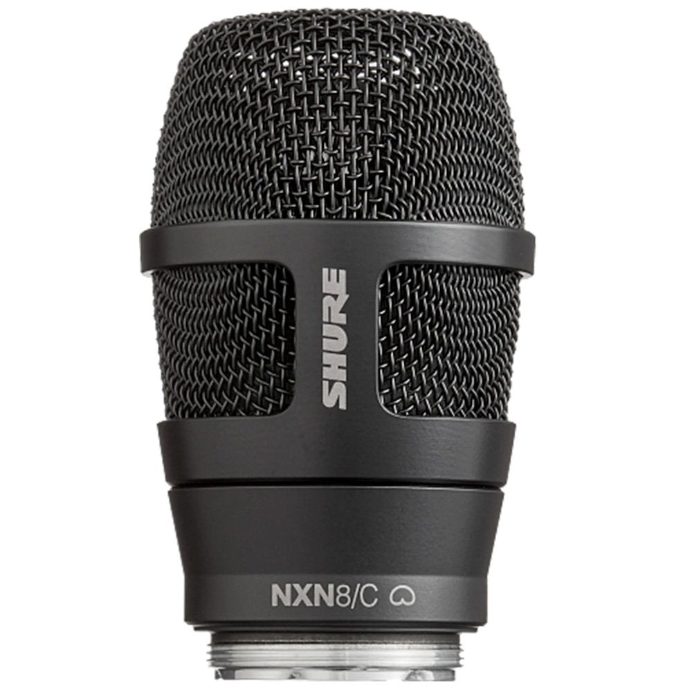 Close-up view of a black Shure microphone capsule with metal mesh grille and circular connector at bottom.