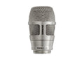 Close-up of a silver metal microphone capsule with mesh grille and threaded connector