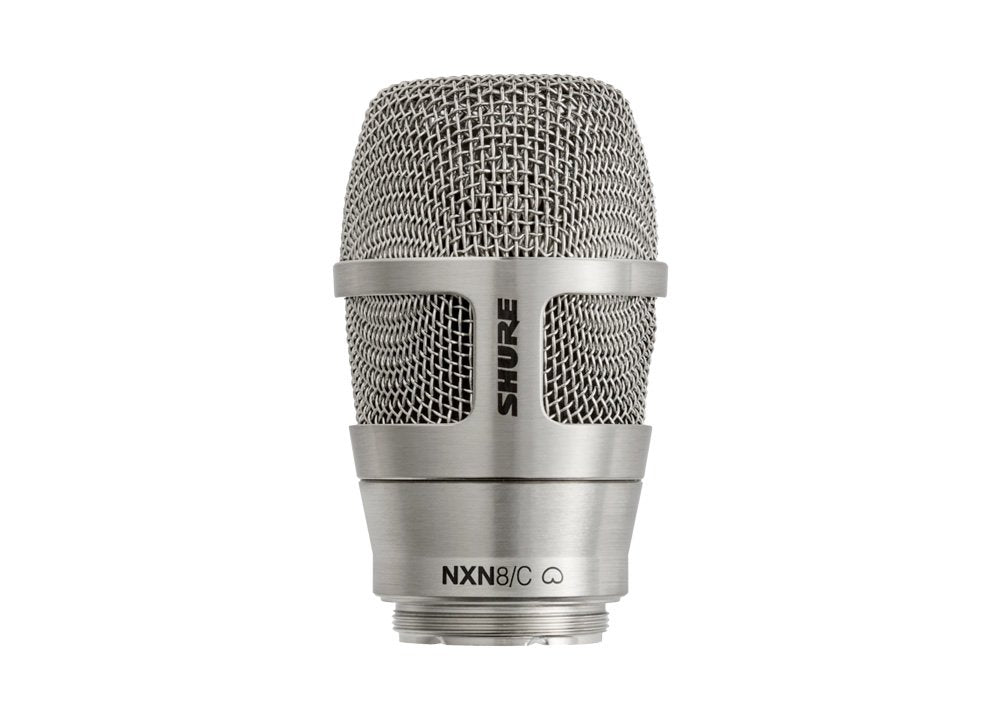 Close-up of a silver metal microphone capsule with mesh grille and threaded connector