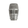 Silver metal microphone capsule with mesh grille and threaded connector, labeled SHURE NXN8/S.