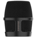 Front view of a black Shure microphone grille with a protective frame and mesh covering.