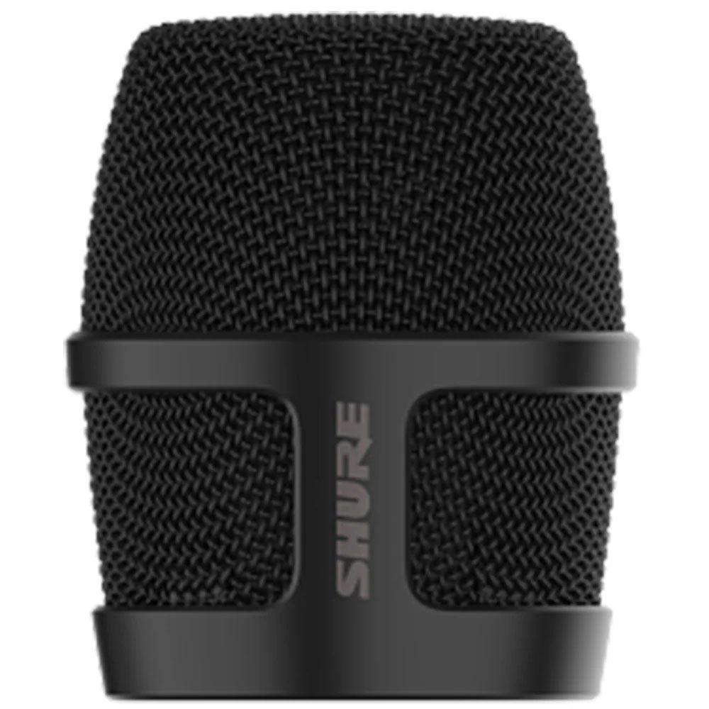 Front view of a black Shure microphone grille with a protective frame and mesh covering.