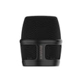 Black metal mesh microphone grille with SHURE logo on front frame section.