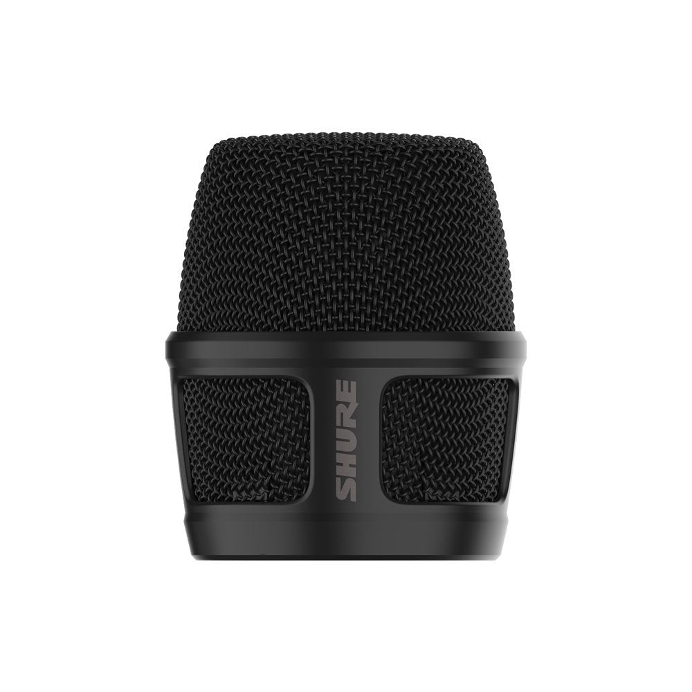 Black metal mesh microphone grille with SHURE logo on front frame section.