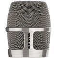 Close-up front view of a silver and grey Shure microphone grille with a mesh covering.