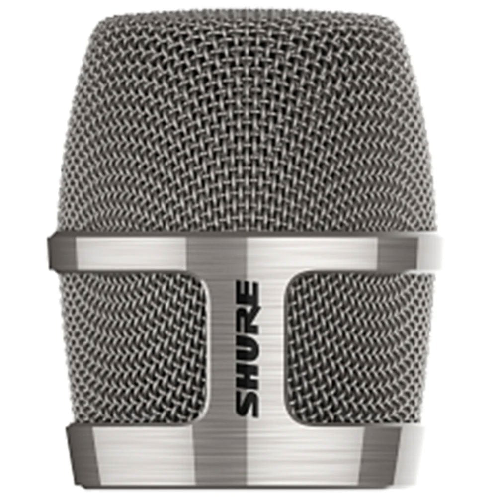 Close-up front view of a silver and grey Shure microphone grille with a mesh covering.