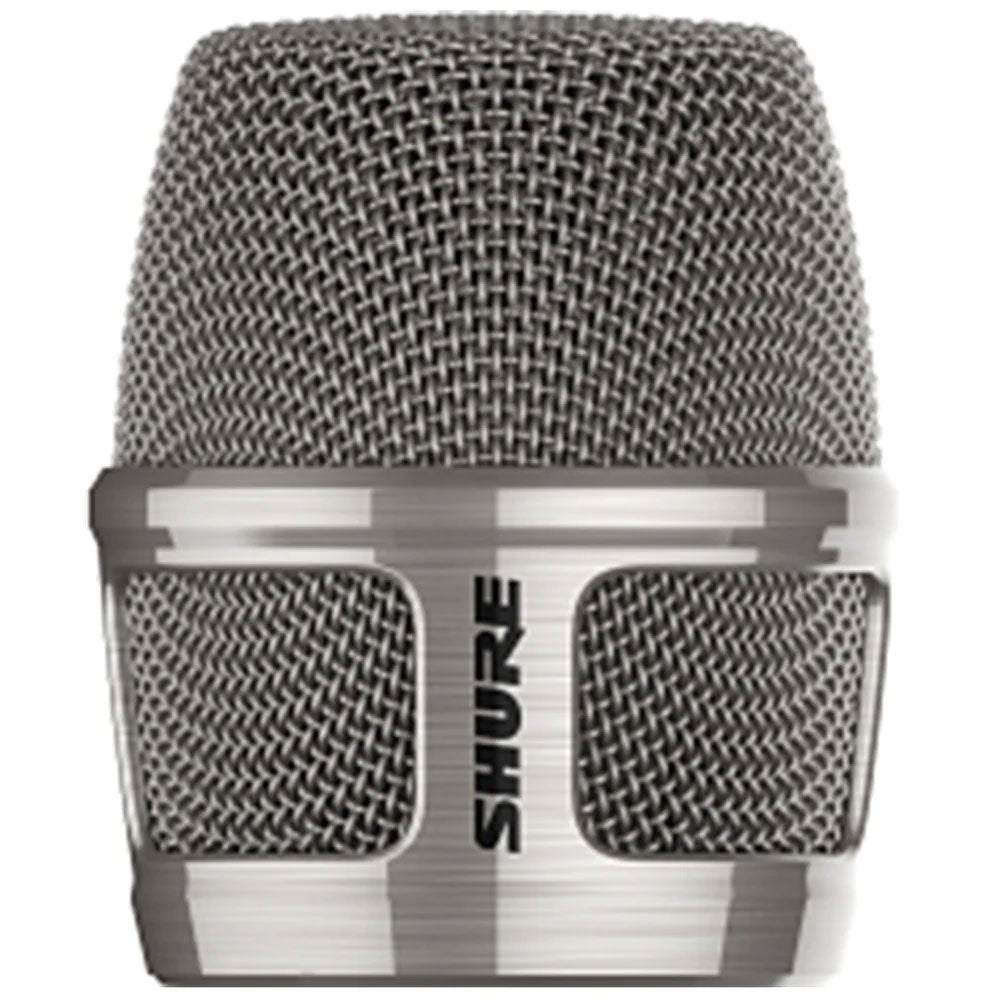Close-up front view of a silver metal mesh microphone grille with a Shure logo on the metal band.