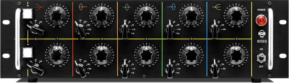 Black rack-mount audio equalizer unit with multiple rotary knobs, toggle switch, and lit power indicator.