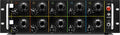 Black rack-mount audio equalizer unit with multiple rotary knobs, toggle switch, and lit power indicator.