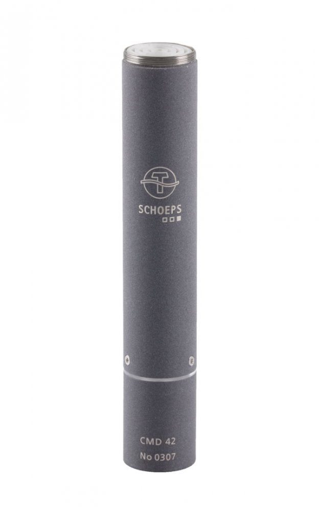 Gray cylindrical microphone with SCHOEPS logo and model CMD 42 visible, showing top and side views