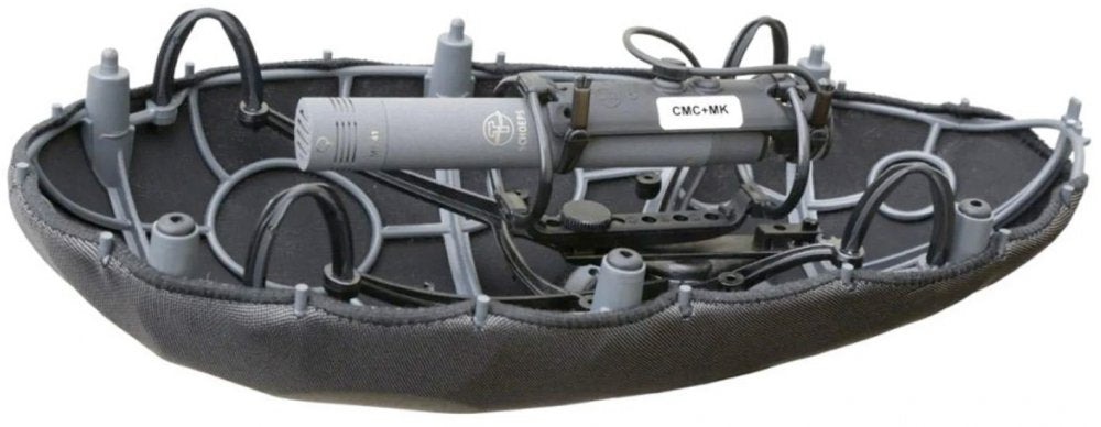 Gray SCHOEPS microphone mounted in black shock mount inside a fabric-covered oval windshield basket.