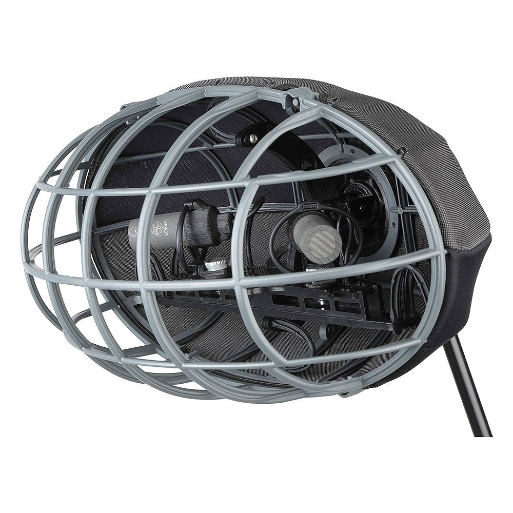 Microphone mounted inside a shock mount and protective metal cage with cables and a fabric cover.