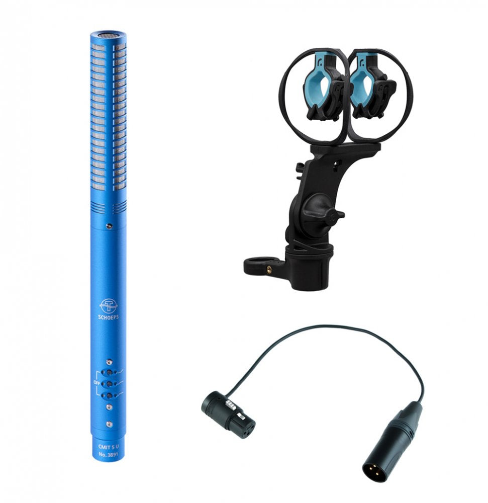 Blue cylindrical microphone with controls, black shock mount, and black adapter cable with XLR connectors.