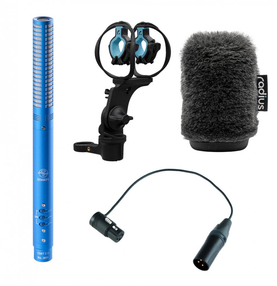 Blue Schoeps microphone with shock mount, furry windshield, and XLR adapter cable shown against white background.