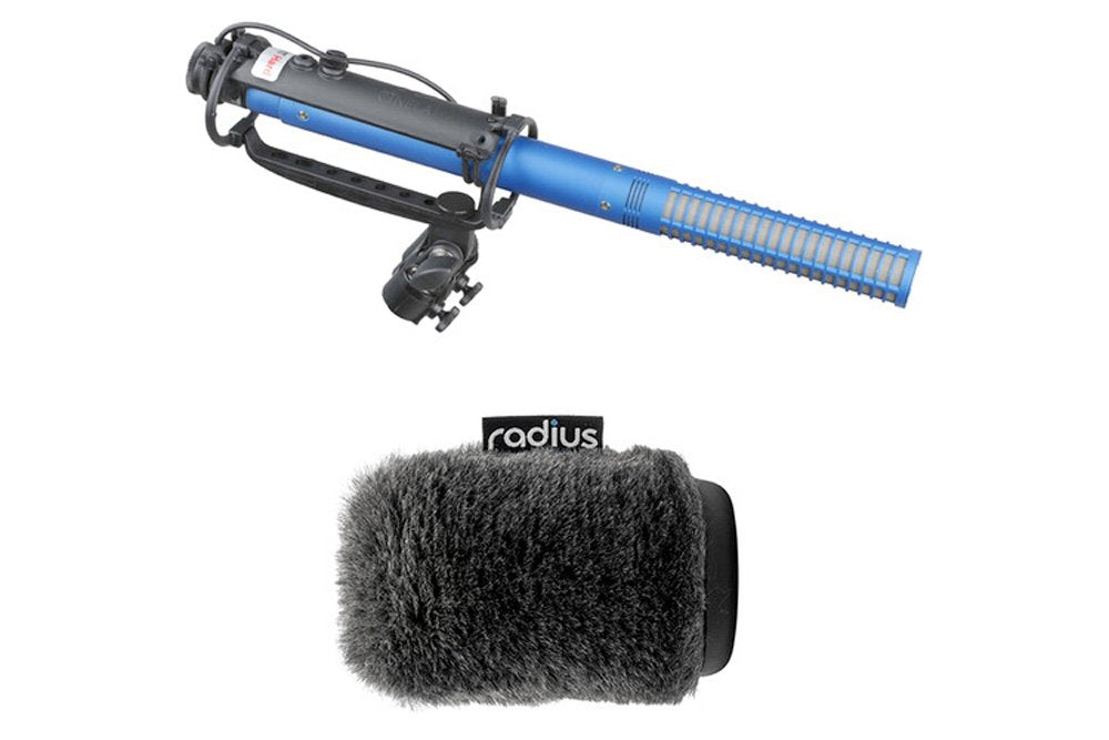 Blue shotgun microphone with a black shock mount and a gray furry windshield labeled radius.