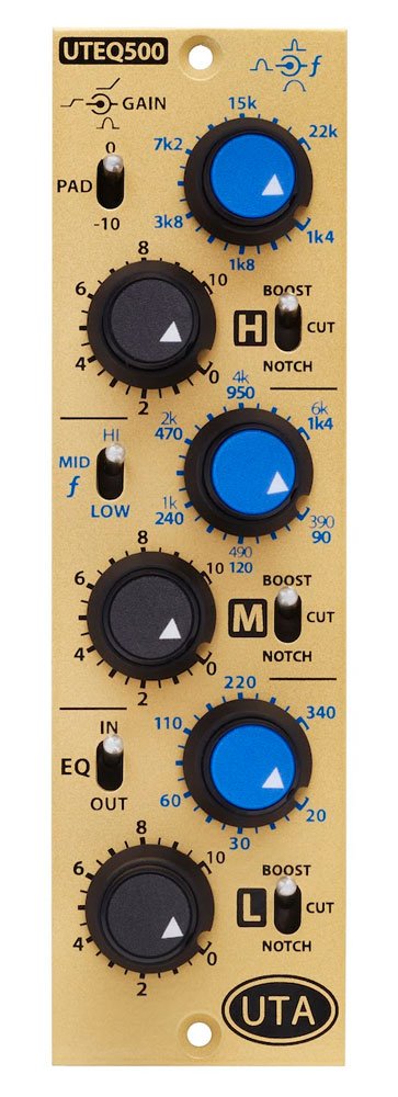Front view of a beige audio processor unit with multiple black and blue rotary knobs and toggle switches.