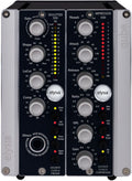 Black and silver audio processor unit with multiple knobs, buttons, LED level meters, and a 1/4 inch input jack.