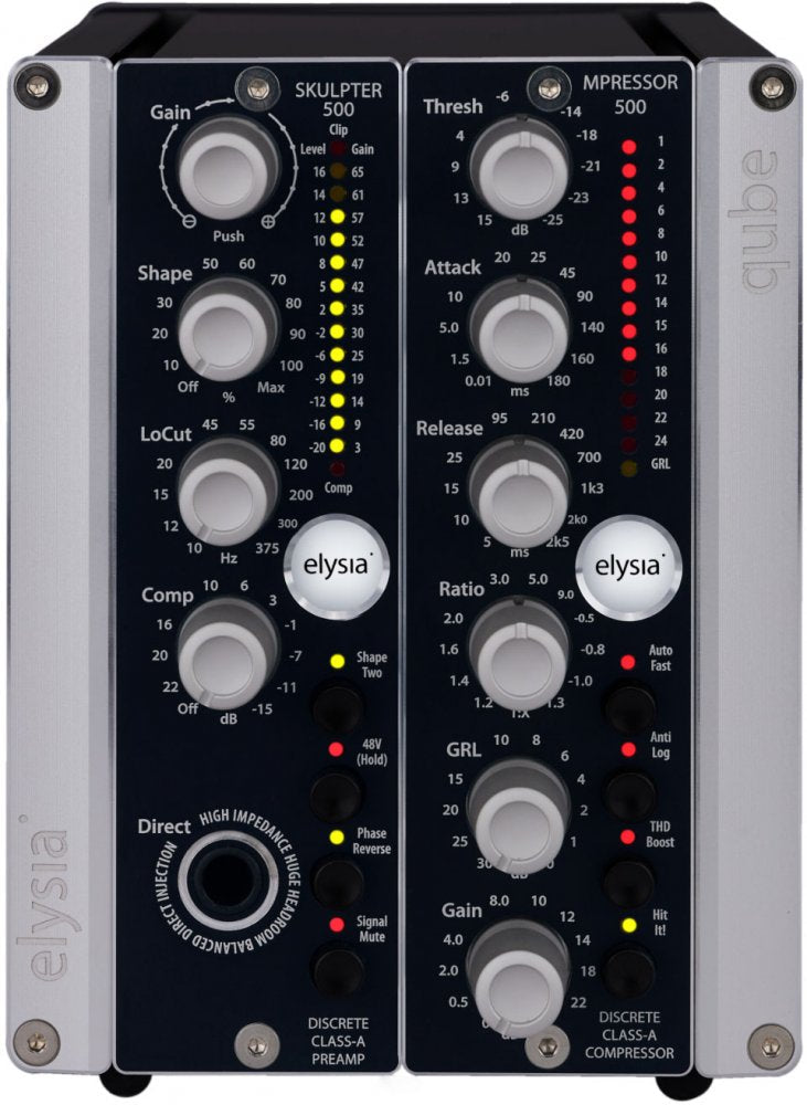 Black and silver audio processor unit with multiple knobs, buttons, LED level meters, and a 1/4 inch input jack.