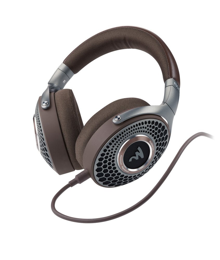 Brown and silver wired over-ear headphones with honeycomb grille design and fabric ear pads.