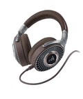Brown and silver wired over-ear headphones with honeycomb grille design and fabric ear pads.