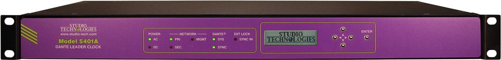 Front view of a purple and black Studio Technologies Model 5401A Dante Leader Clock with buttons and a small display screen.