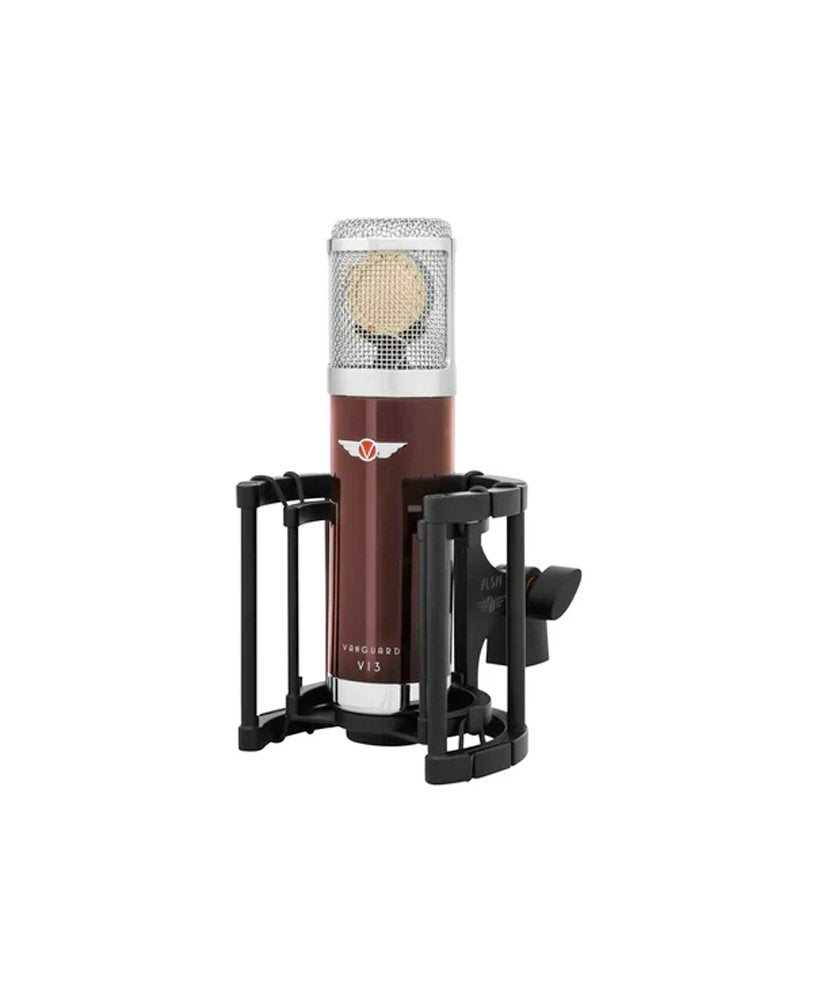 Brown condenser microphone with silver mesh top mounted in a black shock mount on a white background.