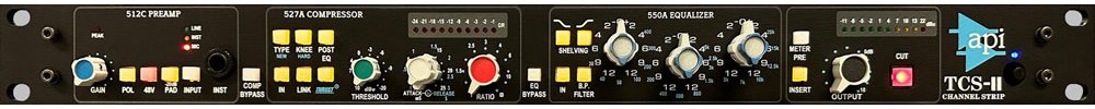 Front panel of an API TCS-II channel strip showing preamp, compressor, and equalizer controls.