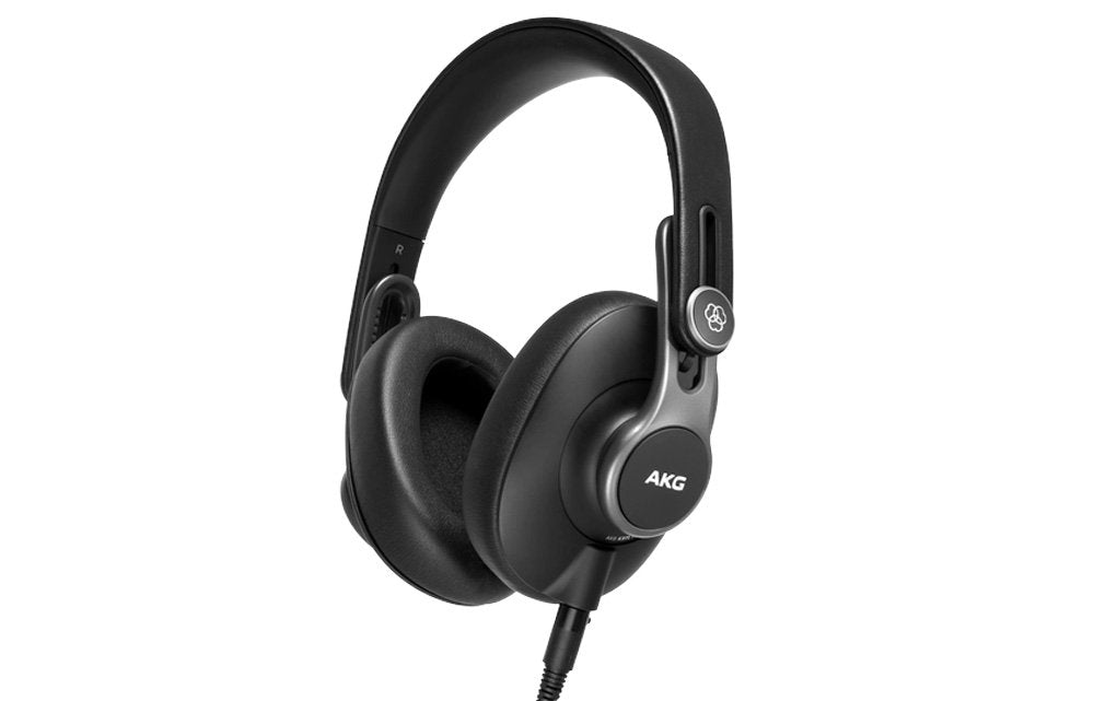 Black over-ear wired headphones with padded ear cups and headband, labeled AKG on ear cups.