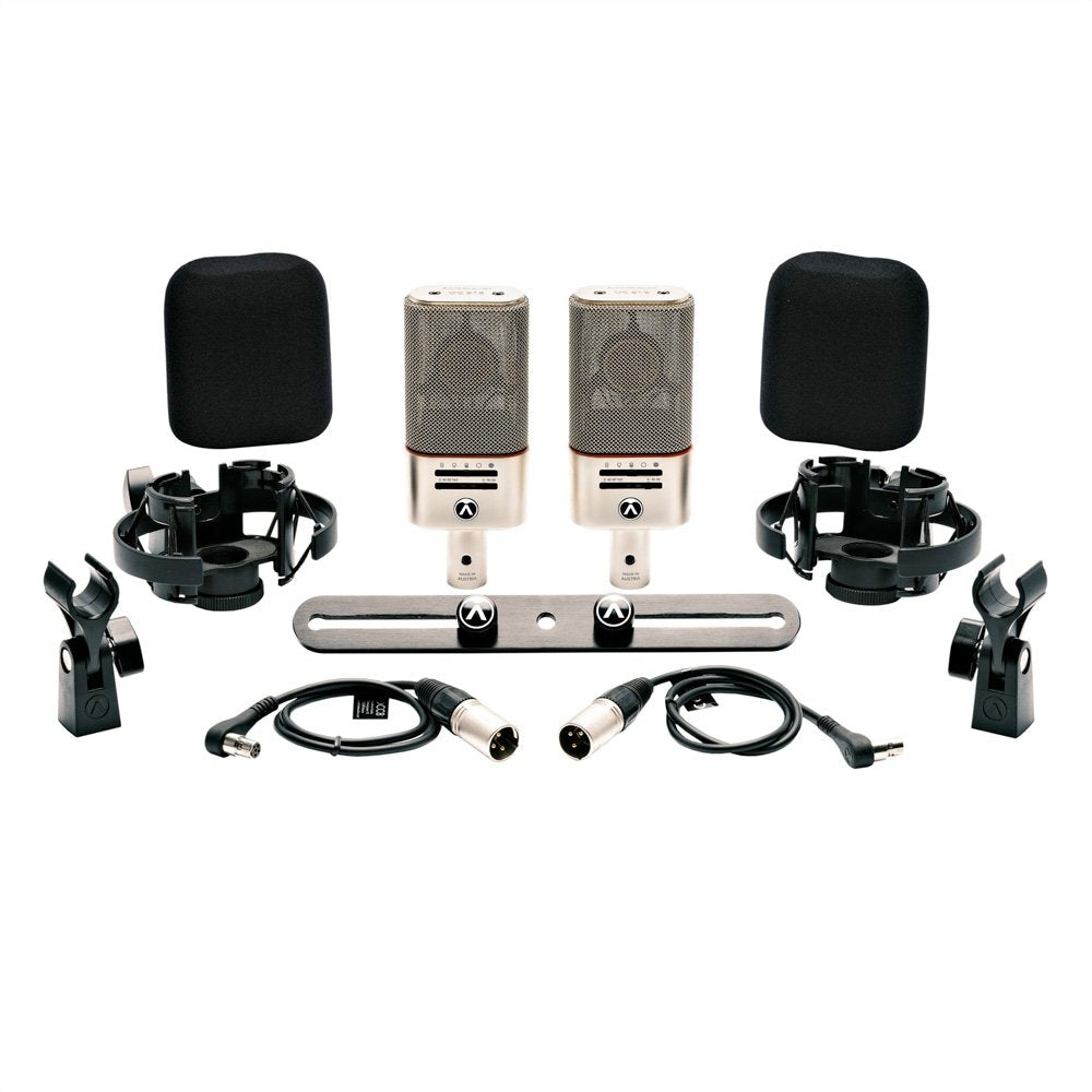 Two silver microphones with windshields, shock mounts, clips, cables, and a metal mounting bar arranged on a white background.
